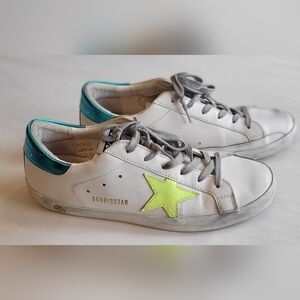 Golden Goose White Leather Sneakers with Neon Star Accent. Size 40